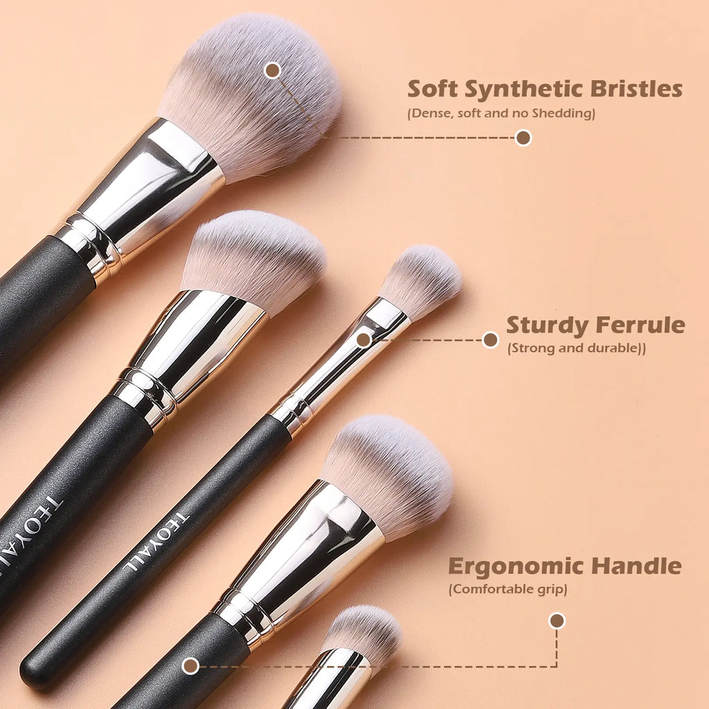 5 Pcs High-Density Makeup Brush Set for Full Face - Teoyall - Essential Only, No Redundant Brushes - Full Coverage for Foundation Concealer Bronzer Contour Blush & Setting Powder - Premium yet Affordable Makeup Tools