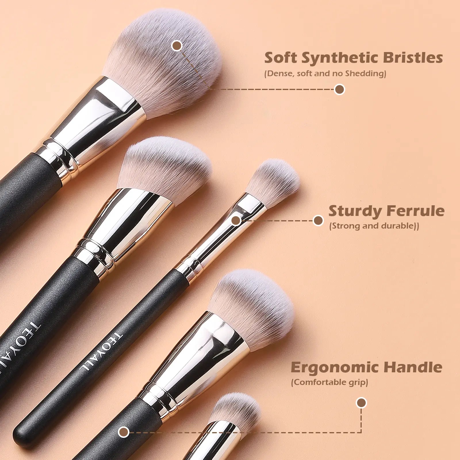 5 Pcs High-Density Makeup Brush Set for Full Face - Teoyall - Essential Only, No Redundant Brushes - Full Coverage for Foundation Concealer Bronzer Contour Blush & Setting Powder - Premium yet Affordable Makeup Tools