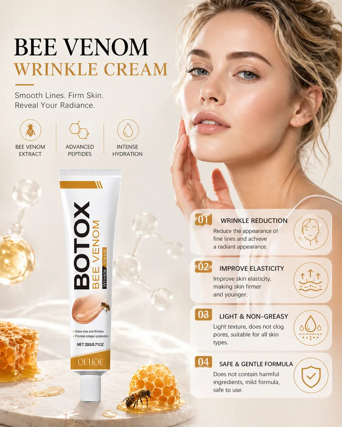 Bee Venom Moisturizing Balm 0.71 Oz Hydrating Skin Firming Texture Refining for All Skin Types Gentle Smooth Facial Hydrate Moisture Moisturizer Firm anti Aging Deep Nourishing Skin Repair Daily