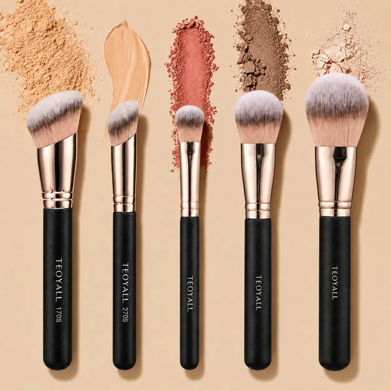5 Pcs High-Density Makeup Brush Set for Full Face - Teoyall - Essential Only, No Redundant Brushes - Full Coverage for Foundation Concealer Bronzer Contour Blush & Setting Powder - Premium yet Affordable Makeup Tools