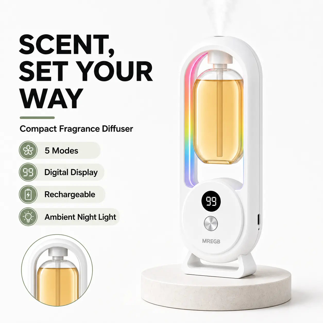 MREGB Smart Essential Oil Diffuser Wall Mounted Automatic Fragrance Machine Home Room Deodorizer Aroma Scent Diffuser with Atmosphere Light USB Powered Hotel Spray Perfume Dispenser Bathroom Odor Eliminator 5-Speed Digital Display Summervibes